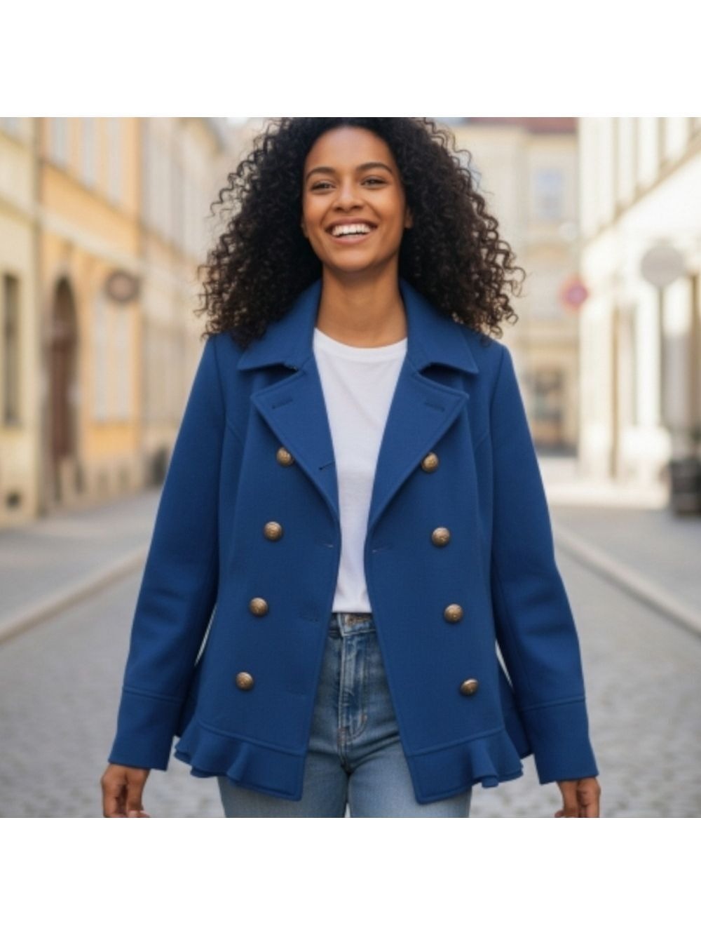 Prevett Royal Blue Peacoat w ruffle hem Size Large Wool Warm ANTHROPOLOGIE